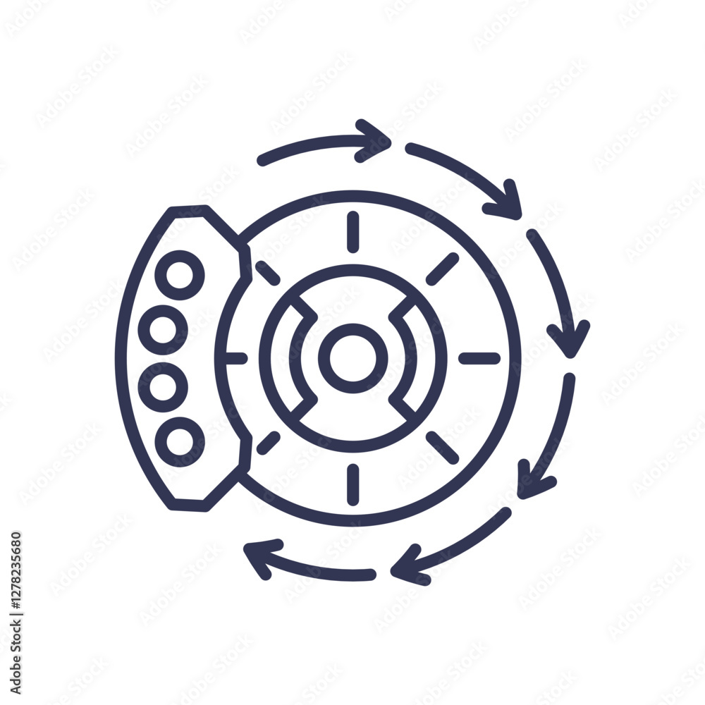 Illustration of a brake rotor and caliper with directional arrows, symbolizing braking system function. Illustration of a brake rotor and caliper with directional arrows, symbolizing braking system function.