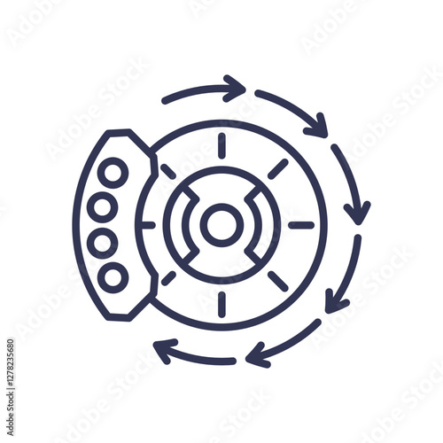 Illustration of a brake rotor and caliper with directional arrows, symbolizing braking system function.