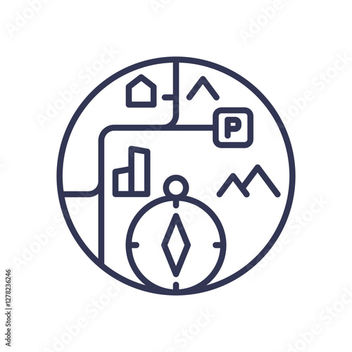 Compass and map symbols represent exploration and guidance.