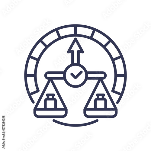 Scales with weights, arrow, and check mark symbolize balance and precision.