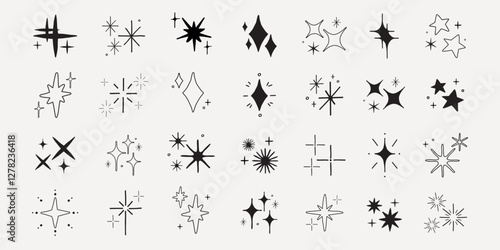 A collection of star icons in various shapes and styles. Star icons feature different designs, with stars and sparkles. Perfect for design projects needing star icons. Element vector set.