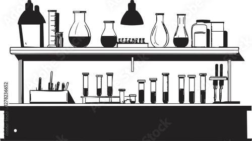 Illustration of a laboratory bench with various glassware and equipment.