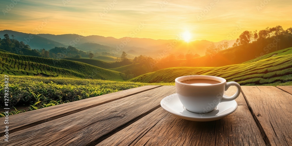 Scenic sunrise over tea plantation with cup of coffee on wooden table Scenic sunrise over tea plantation with cup of coffee on wooden table