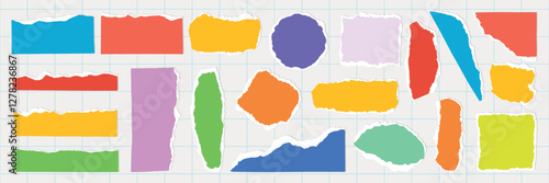 Collection torn paper strips in various shapes and sizes. Torn paper edges in vibrant colors. Torn paper for creative design projects. Colorful element vector set.