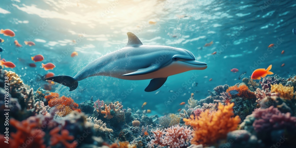 Dolphin swimming gracefully through vibrant coral reef teeming with colorful fish Dolphin swimming gracefully through vibrant coral reef teeming with colorful fish