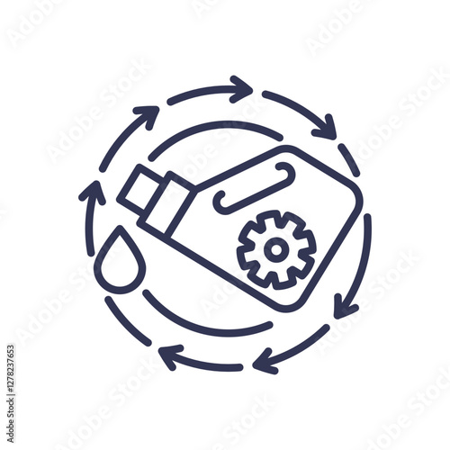 Oil bottle and gear symbolizing maintenance and care.