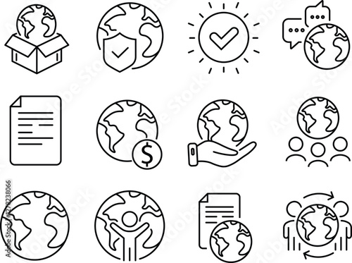 Global law, translate language, Outsource business. World business line icons. International organization, financial transactions, world map icons. Delivery service, global outsource..