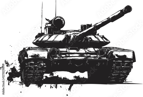 Black and white ink illustration of a military tank in combat stance.