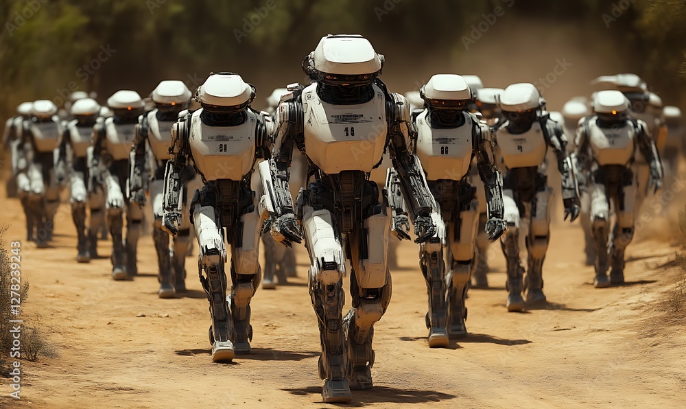 Obraz premium Robots march desert, future warfare