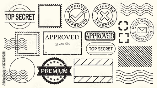 Set of 16 blue stamp designs, featuring various shapes like circles, stars, and triangles. Each stamp design is unique, with blue outlines and patterns. Blue blank stamps, vector set.