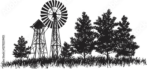 Black silhouette of windmills and trees in a rural landscape.