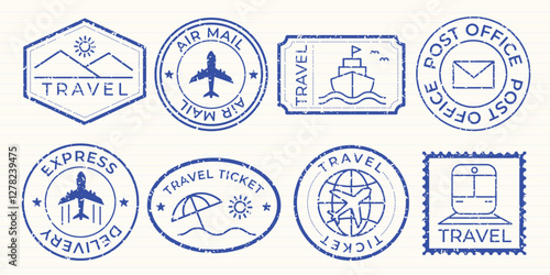 Set of 16 blue stamp designs, featuring various shapes like circles, stars, and triangles. Each stamp design is unique, with blue outlines and patterns. Blue blank stamps, vector set.