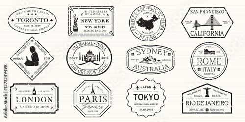 Set of 16 blue stamp designs, featuring various shapes like circles, stars, and triangles. Each stamp design is unique, with blue outlines and patterns. Blue blank stamps, vector set.