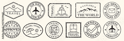 Set of 16 blue stamp designs, featuring various shapes like circles, stars, and triangles. Each stamp design is unique, with blue outlines and patterns. Blue blank stamps, vector set.