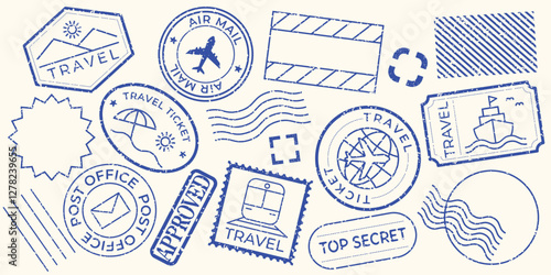 Set of 16 blue stamp designs, featuring various shapes like circles, stars, and triangles. Each stamp design is unique, with blue outlines and patterns. Blue blank stamps, vector set.