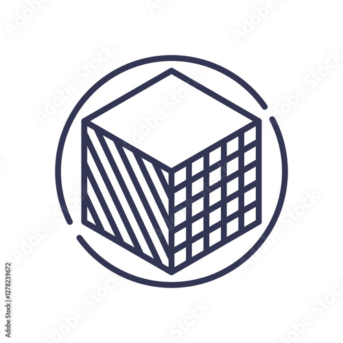 Geometric cube in circle symbolizes the blend of virtual and physical realms.