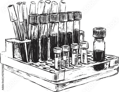 Illustration of laboratory test tubes and vials in a rack.