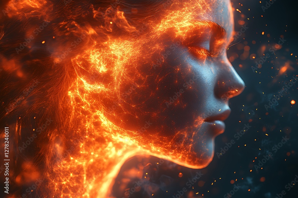 Obraz premium Womans Face with Fiery Flames and Starry Blue Space Background