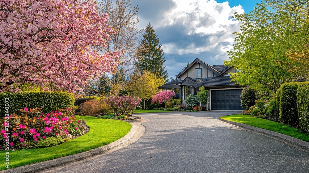 Beautiful Spring Neighborhood with Blooming Flowers and Lush Trees Beautiful Spring Neighborhood with Blooming Flowers and Lush Trees