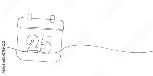 Simple one-line drawing of a desk calendar displaying twenty fifth day of the month. The minimalistic design represents new beginnings, celebrations, and planning. Vector illustration.