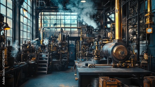 Vintage Industrial Workshop with Pipes, Steam, and Machinery