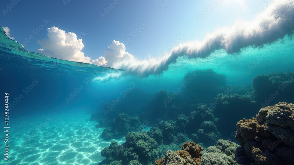 Fototapeta premium Underwater view of coral reef beneath ocean waves with sunlight filtering through clear water 