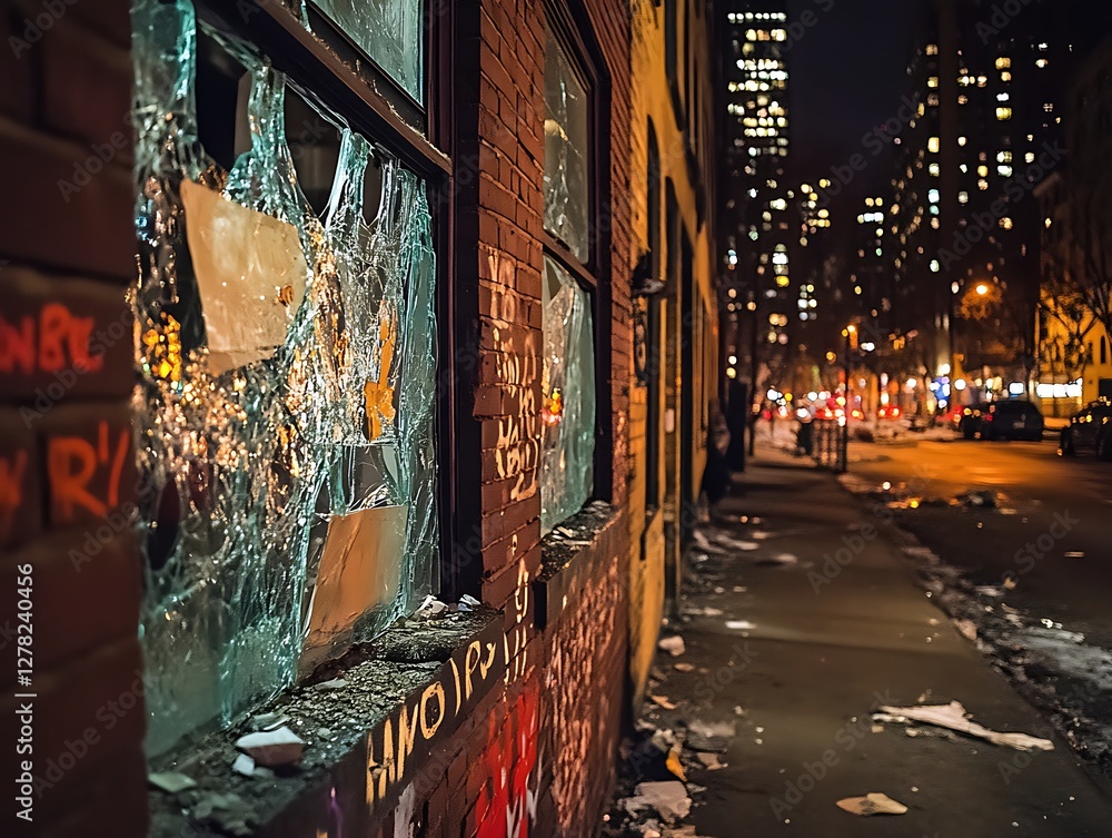 Naklejka premium Broken Window Night City Vandalism