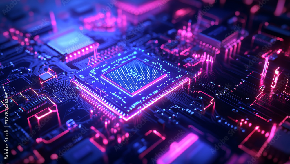 Neon glowing circuit board with vibrant colors and technology Neon glowing circuit board with vibrant colors and technology