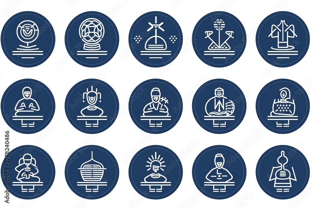 Fifteen circular icons depicting various concepts of sustainability, energy, and mindfulness. Fifteen circular icons depicting various concepts of sustainability, energy, and mindfulness.