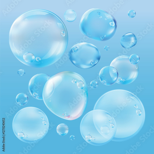 Floating blue bubbles on a light blue background. Bubbles of various sizes, blue bubbles, light blue, floating bubbles, blue bubbles, transparent spheres. Soap bubble element vector set.