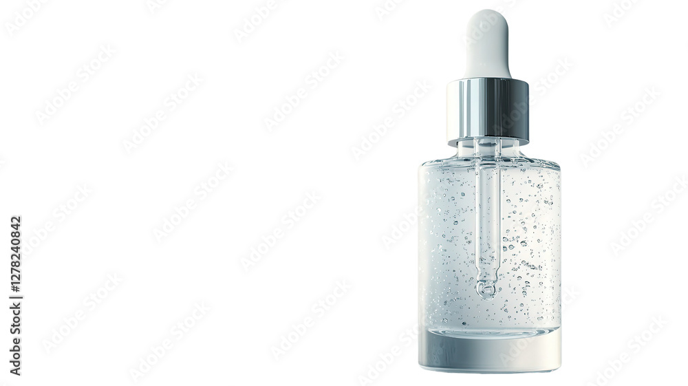 A high-end skincare serum bottle with a dropper, filled with a clear, glowing liquid. The bottle is made of clear glass with silver detailing, A high-end skincare serum bottle with a dropper, filled with a clear, glowing liquid. The bottle is made of clear glass with silver detailing,
