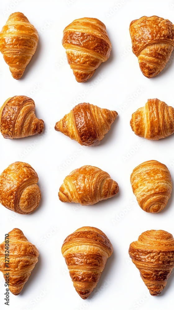 Golden Croissant Array on White Backdrop Capturing French Bakery Elegance with Culinary Artistry and Delicious Pastry Delight for Breakfast Golden Croissant Array on White Backdrop Capturing French Bakery Elegance with Culinary Artistry and Delicious Pastry Delight for Breakfast