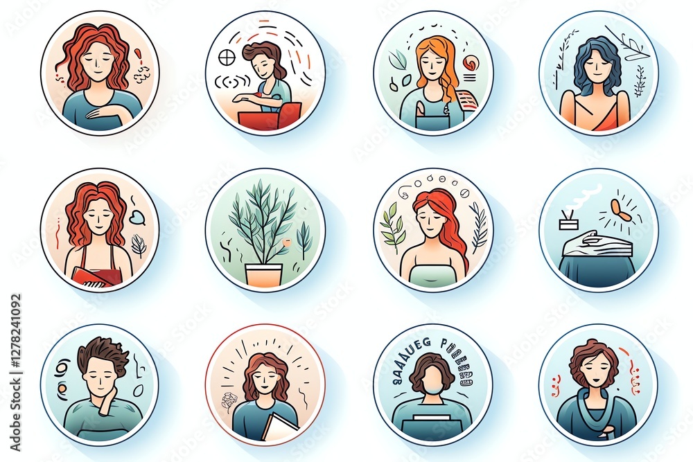 Twelve diverse women's avatar icons in various activities and poses. Twelve diverse women's avatar icons in various activities and poses.