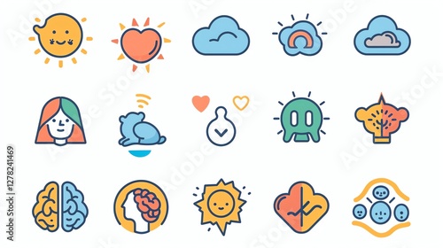 Colorful flat icons set of emotions, weather, health, and people.