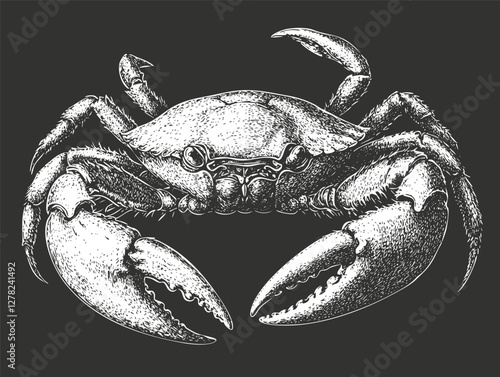 Detailed black and white crab illustration with prominent claws.