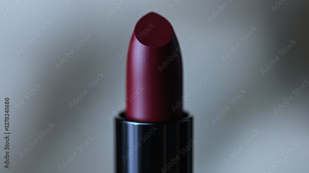 Elegantly shaped dark red lipstick in a sleek black tube displayed against a soft background Elegantly shaped dark red lipstick in a sleek black tube displayed against a soft background
