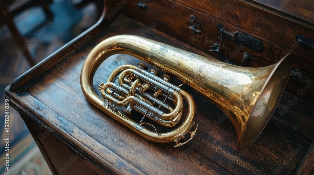 Naklejka premium Vintage brass tuba resting on a wooden surface in soft lighting