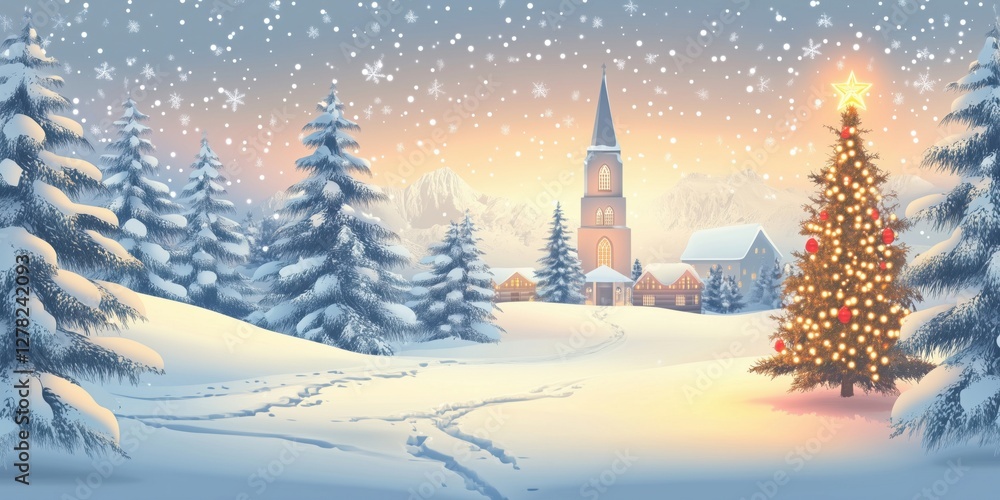 Winter wonderland scene with snow-covered trees, church, and decorated Christmas tree Winter wonderland scene with snow-covered trees, church, and decorated Christmas tree