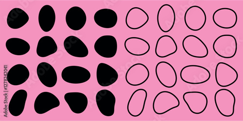 Abstract black oval shapes on a beige background. The black shapes create a pattern. Abstract design with black ovals on beige. Minimalist and modern art. Black shape vector set.