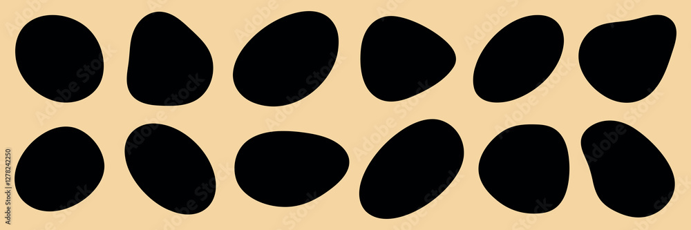 Abstract black oval shapes on a beige background. The black shapes create a pattern. Abstract design with black ovals on beige. Minimalist and modern art. Black shape vector set. Abstract black oval shapes on a beige background. The black shapes create a pattern. Abstract design with black ovals on beige. Minimalist and modern art. Black shape vector set.