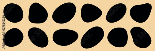 Abstract black oval shapes on a beige background. The black shapes create a pattern. Abstract design with black ovals on beige. Minimalist and modern art. Black shape vector set.