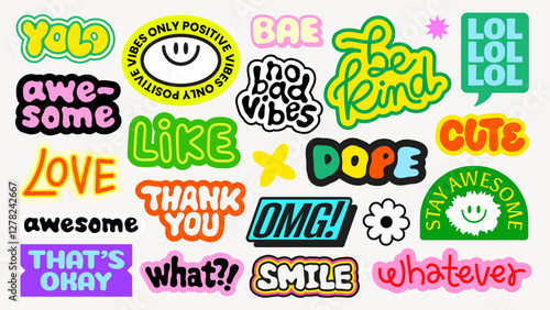 Colorful stickers with smiley faces, hearts, and positive words Bright smiley faces and hearts in purple, green, and yellow Good vibes and smiley designs Funky stickers, vector set