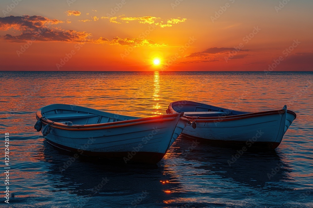 Fototapeta premium Two small boats at sunset on calm ocean water