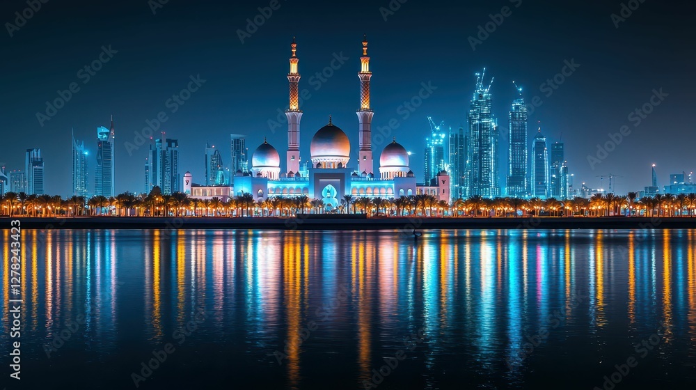 Night view of illuminated cityscape with mosque and skyline reflections Night view of illuminated cityscape with mosque and skyline reflections