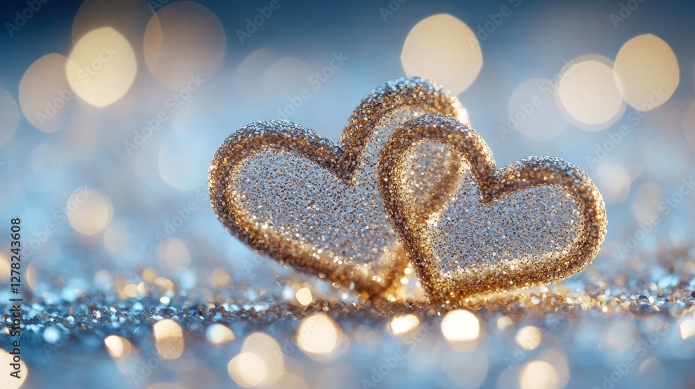 Naklejka premium Two Intertwined Gold Hearts with Sparkling Glitter Background
