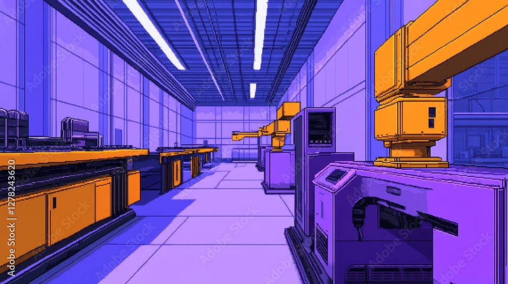 Fototapeta premium Futuristic industrial workspace featuring robotic arms and vibrant colored machinery in action