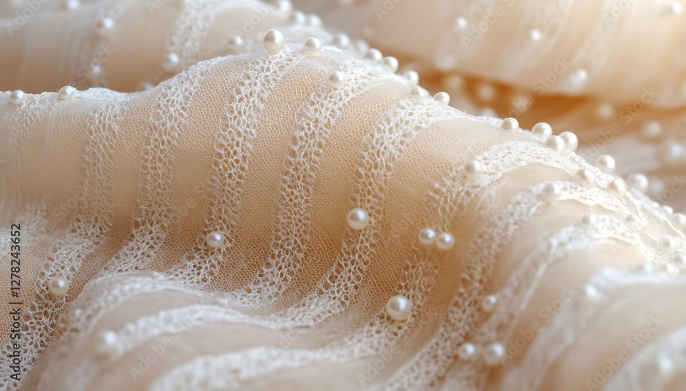 Beige fabric with pearls, close-up Beige fabric with pearls, close-up