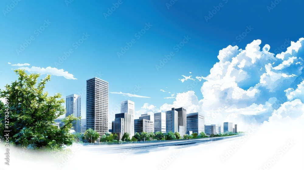 Fototapeta premium A vibrant city skyline under a clear blue sky, featuring modern skyscrapers and lush green trees, evoking a sense of urban beauty and tranquility.