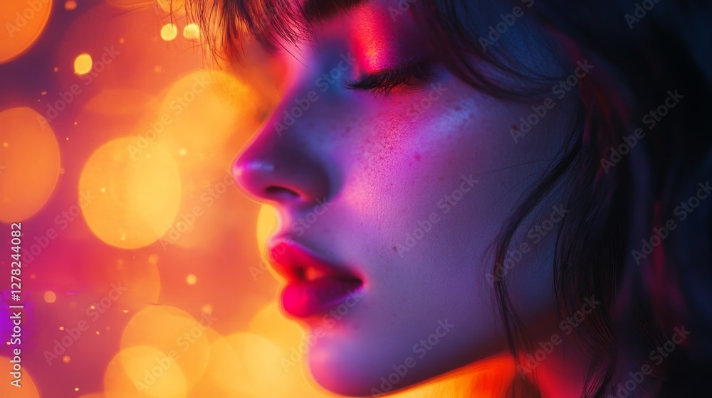 A profile portrait of a woman with vibrant colorful lighting A profile portrait of a woman with vibrant colorful lighting