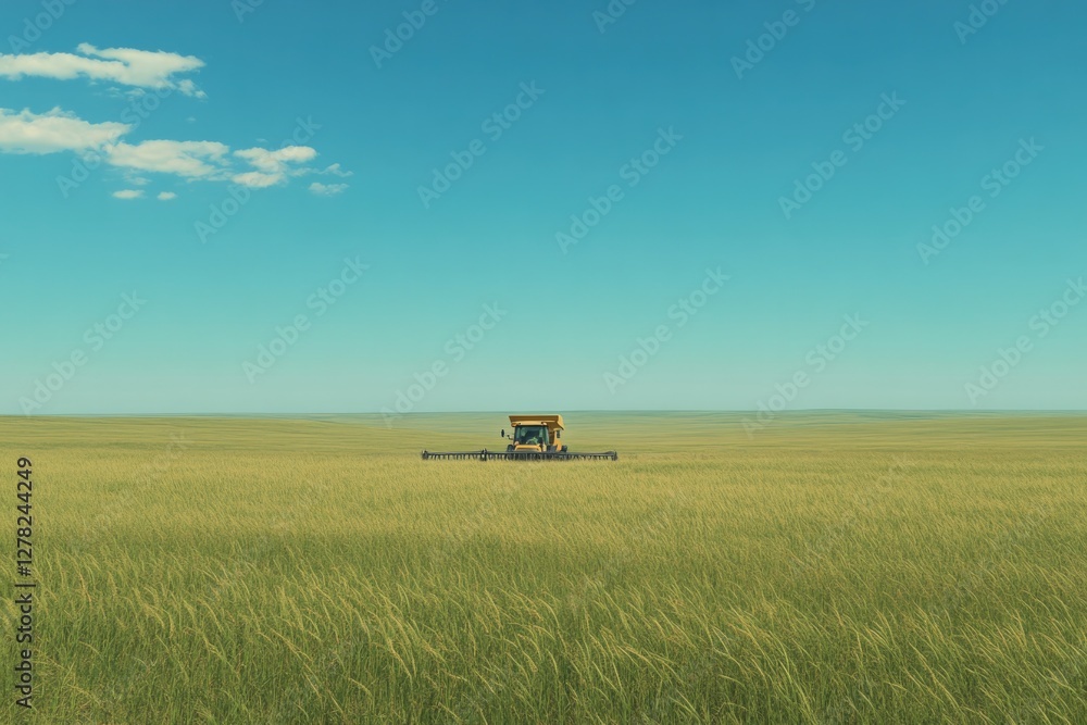 Endless fields stretch beneath bright sky, with machinery harves Endless fields stretch beneath bright sky, with machinery harves